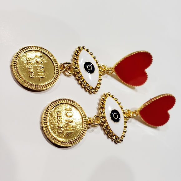 EVIL EYE Red HEART Drop Gold Tone Dangle Earrings - Picture 5 of 6